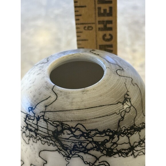 Raku Horse Hair Pottery Vase Round 6.5" Handmade Signed - Picture 7 of 10
